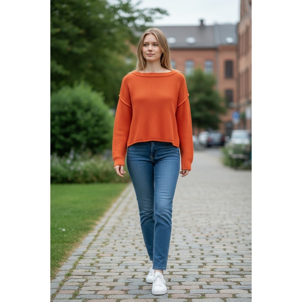 Free People Sweater Womens XS Orange Knit Cropped Long Sleeve Casual Pullover